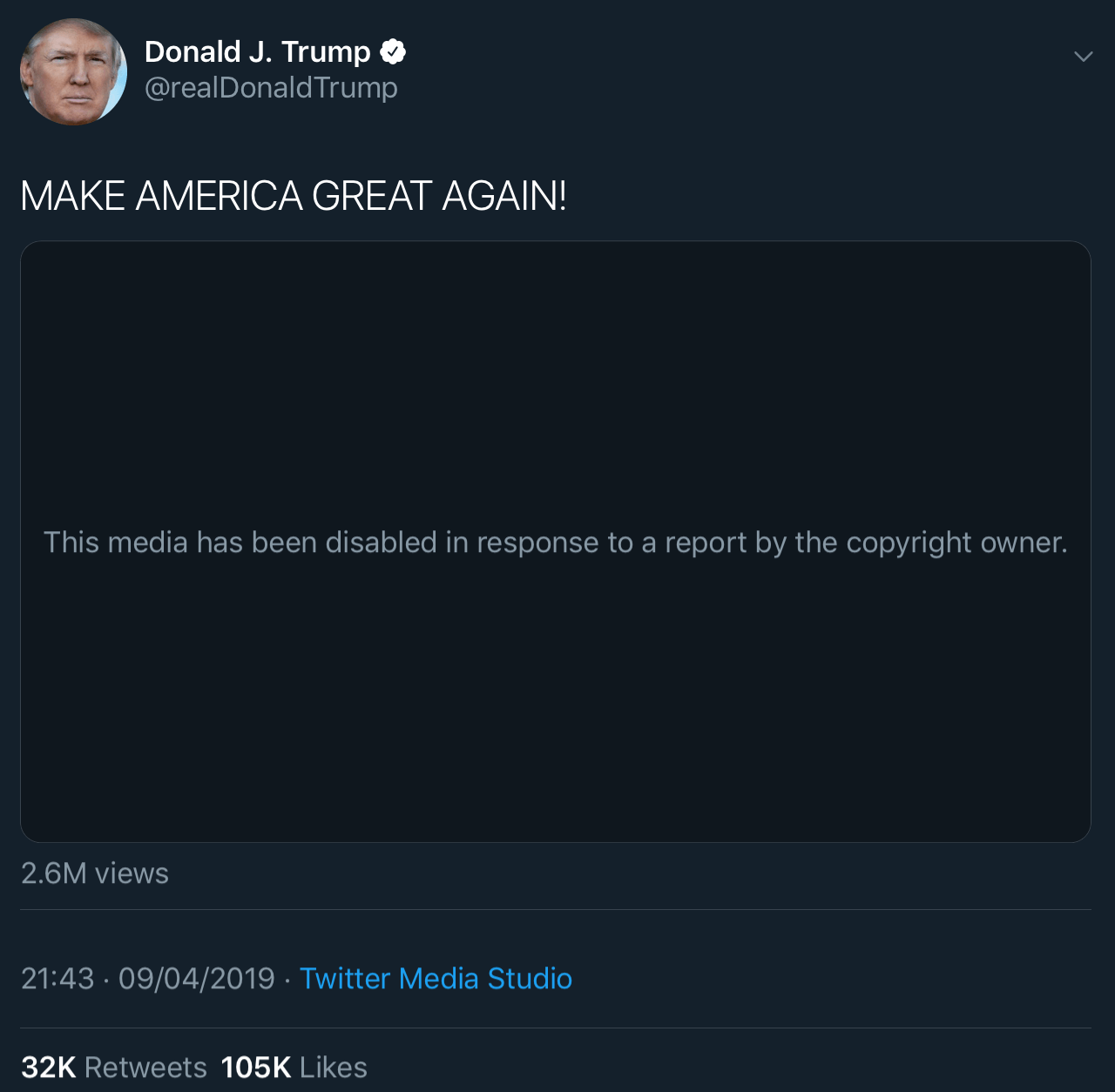 President Trump’s tweet with the video that was blocked due to a copyright claim from Warner Bros.