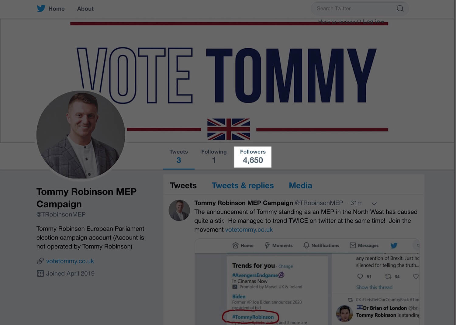 The archived version of Tommy Robinson’s MEP campaign Twitter account before it was suspended.