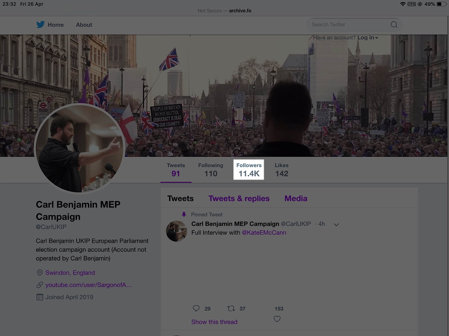 The archived version of Carl Benjamin’s MEP campaign Twitter account before it was suspended.