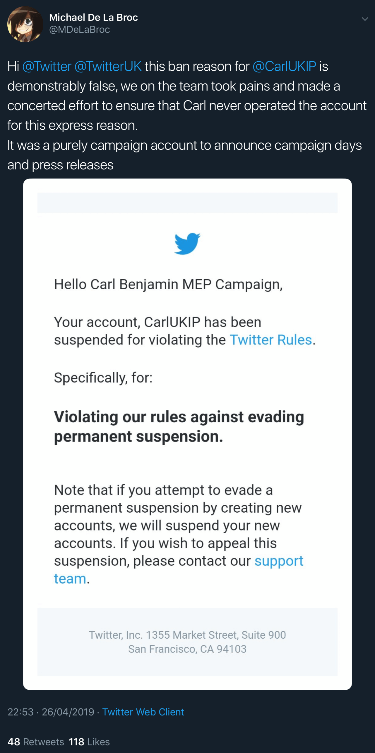 Twitter’s statement on why Carl Benjamin’s MEP Campaign account was removed.