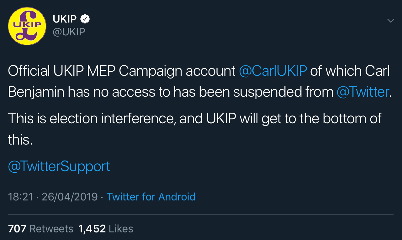 UKIP’s statement on Carl Benjamin’s MEP campaign account suspension.