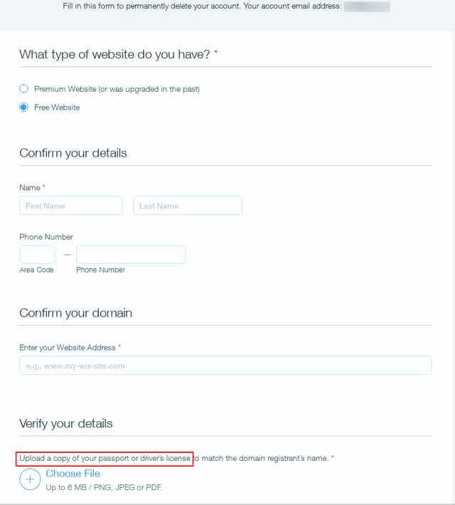 The Wix form asking a user to submit a copy of their passport or driver’s license.