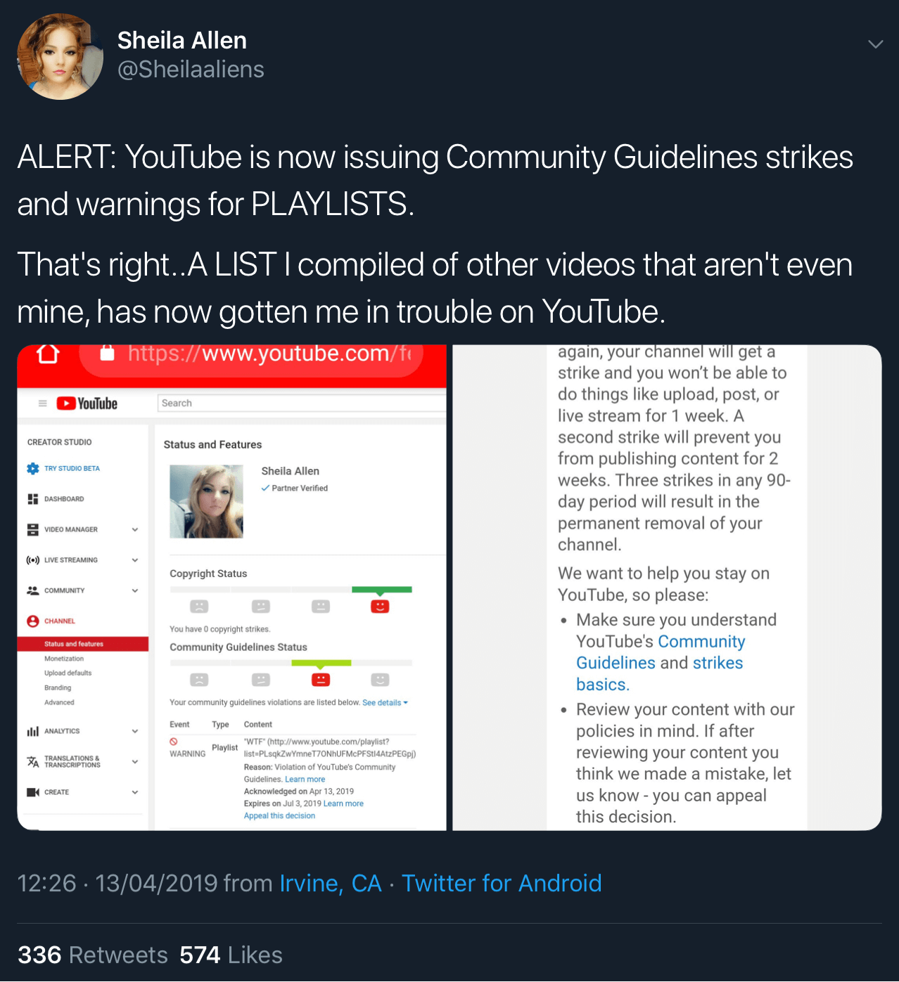 Sheila Allen showing the community guidelines warning against one of her playlists and the email she received from YouTube informing her of this warning.