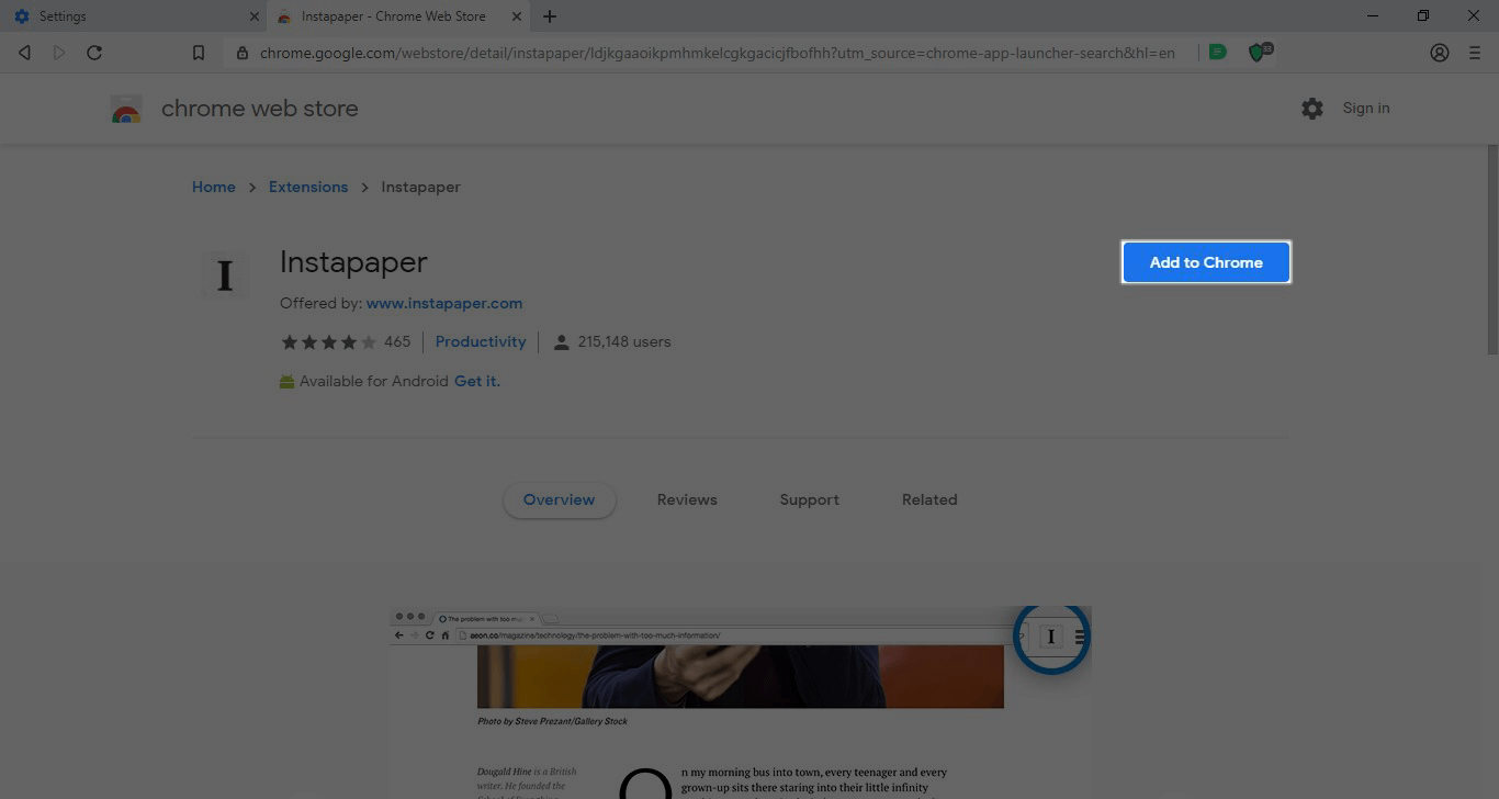 The Google Chrome Web Store Instapaper listing.