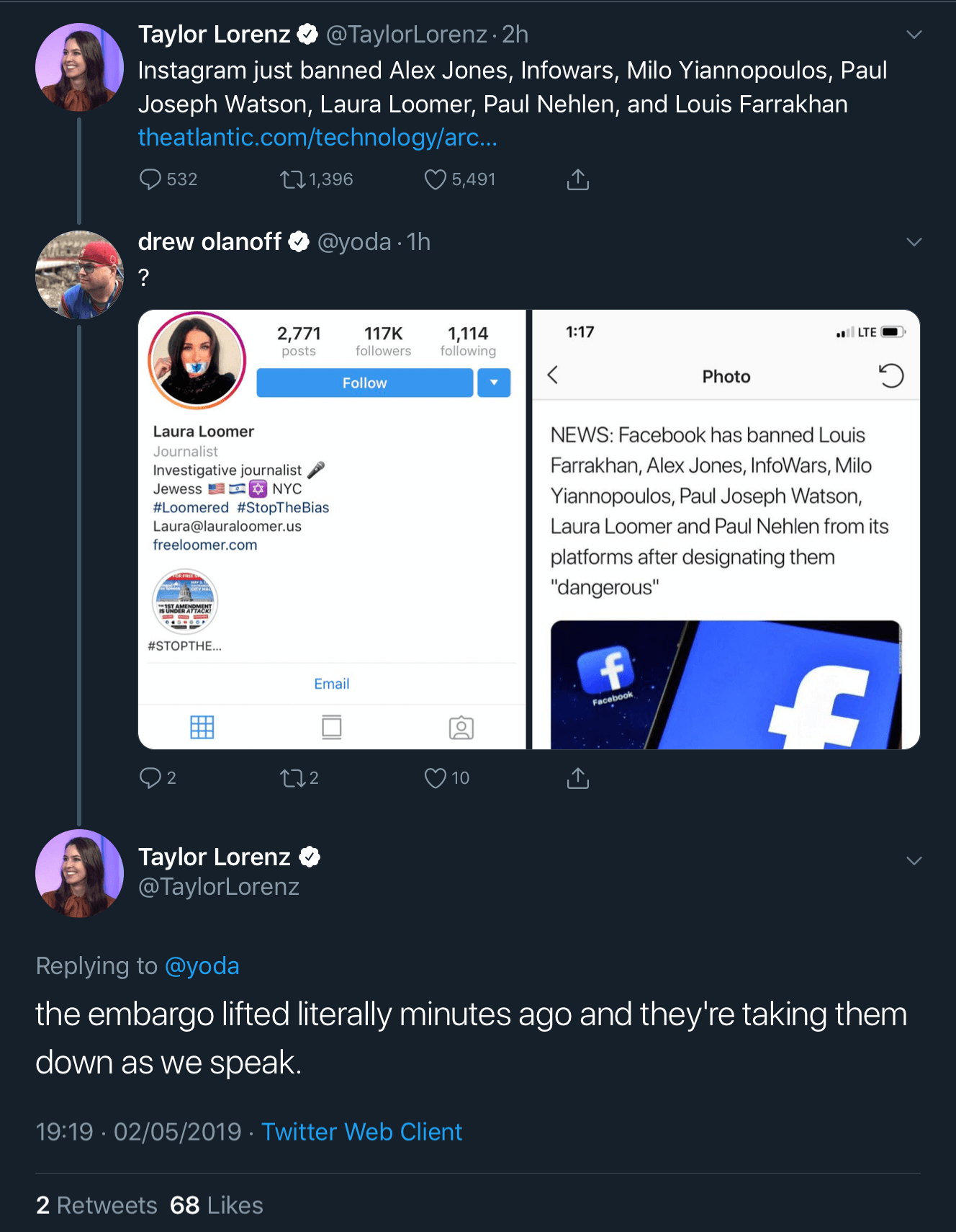 A tweet thread from The Atlantic’s Taylor Lorenz showing that Loomer’s Instagram account was still live when The Atlantic published its post saying she had been banned from Instagram