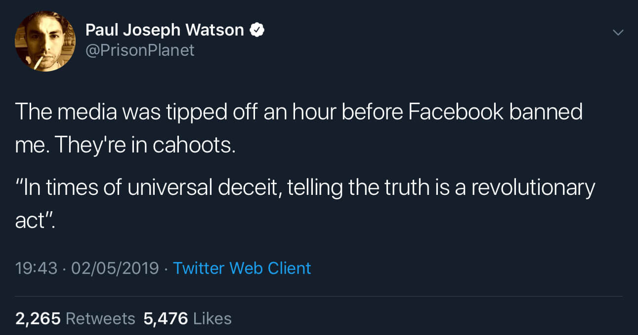 Paul Joseph Watson commenting on how the media were tipped off before he was banned from Facebook and Instagram.