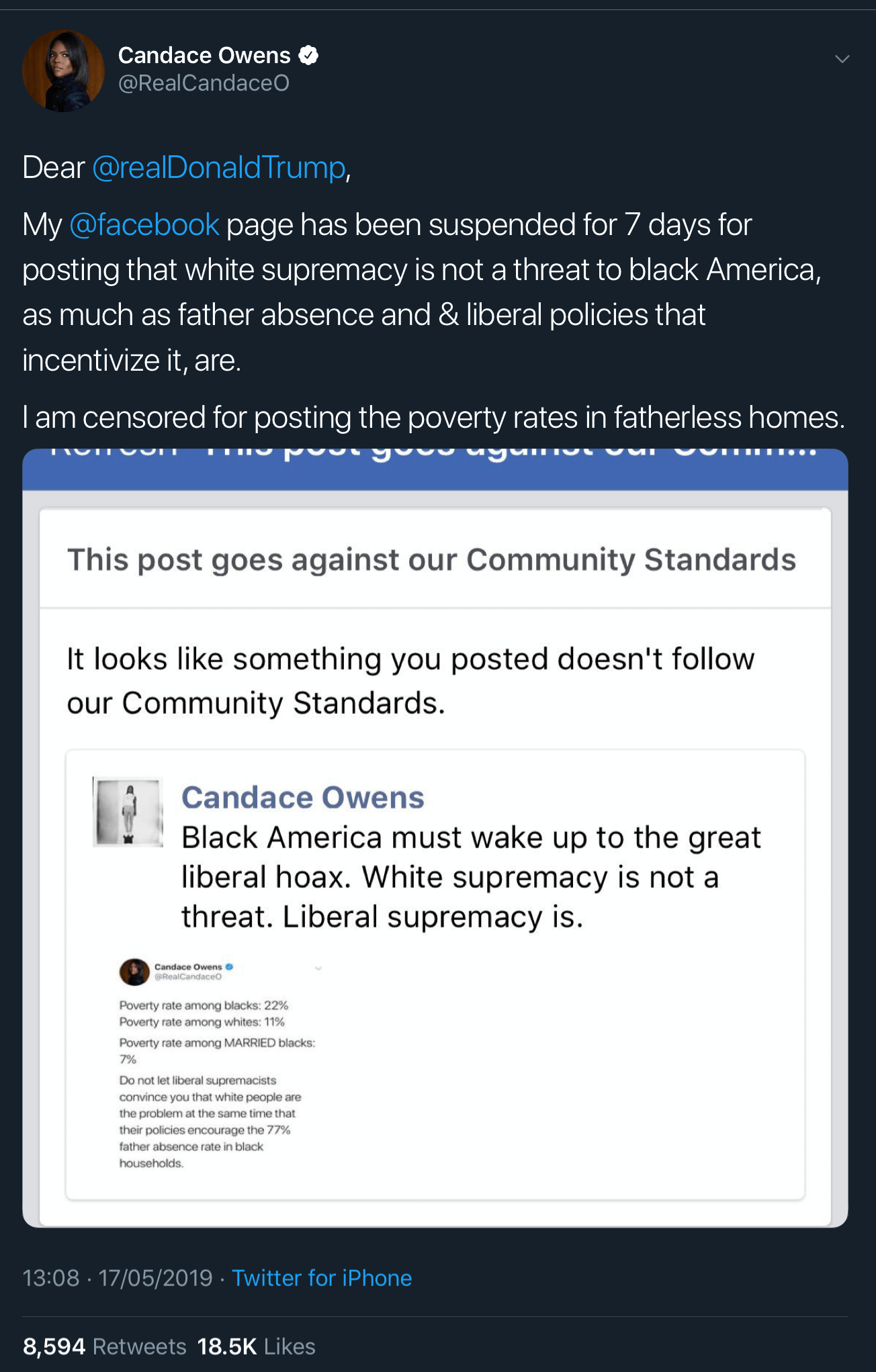 A message from Facebook saying that Candace Owens’ post violates its community standards.