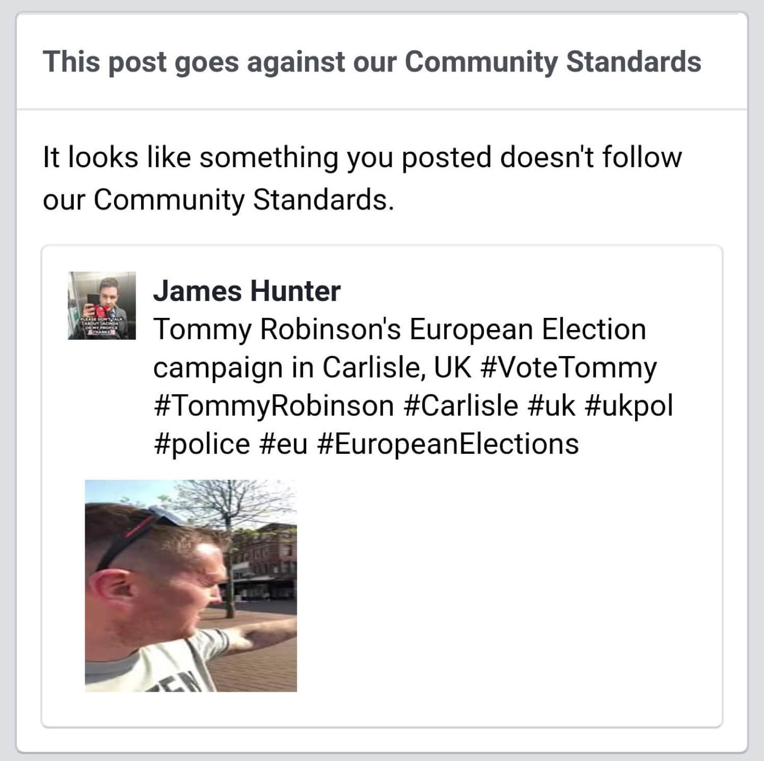 James Hunter’s post that was taken down for supposedly violating Facebook’s community standards.