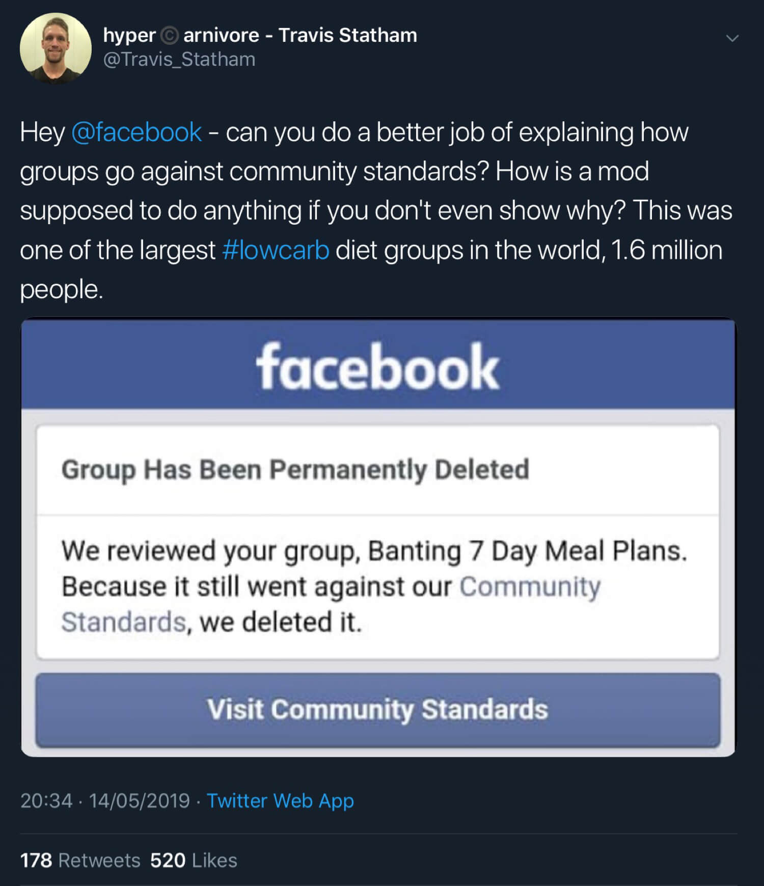 Travis Statham confirming that Facebook has deleted the Banting 7 Day Meal Plans group.