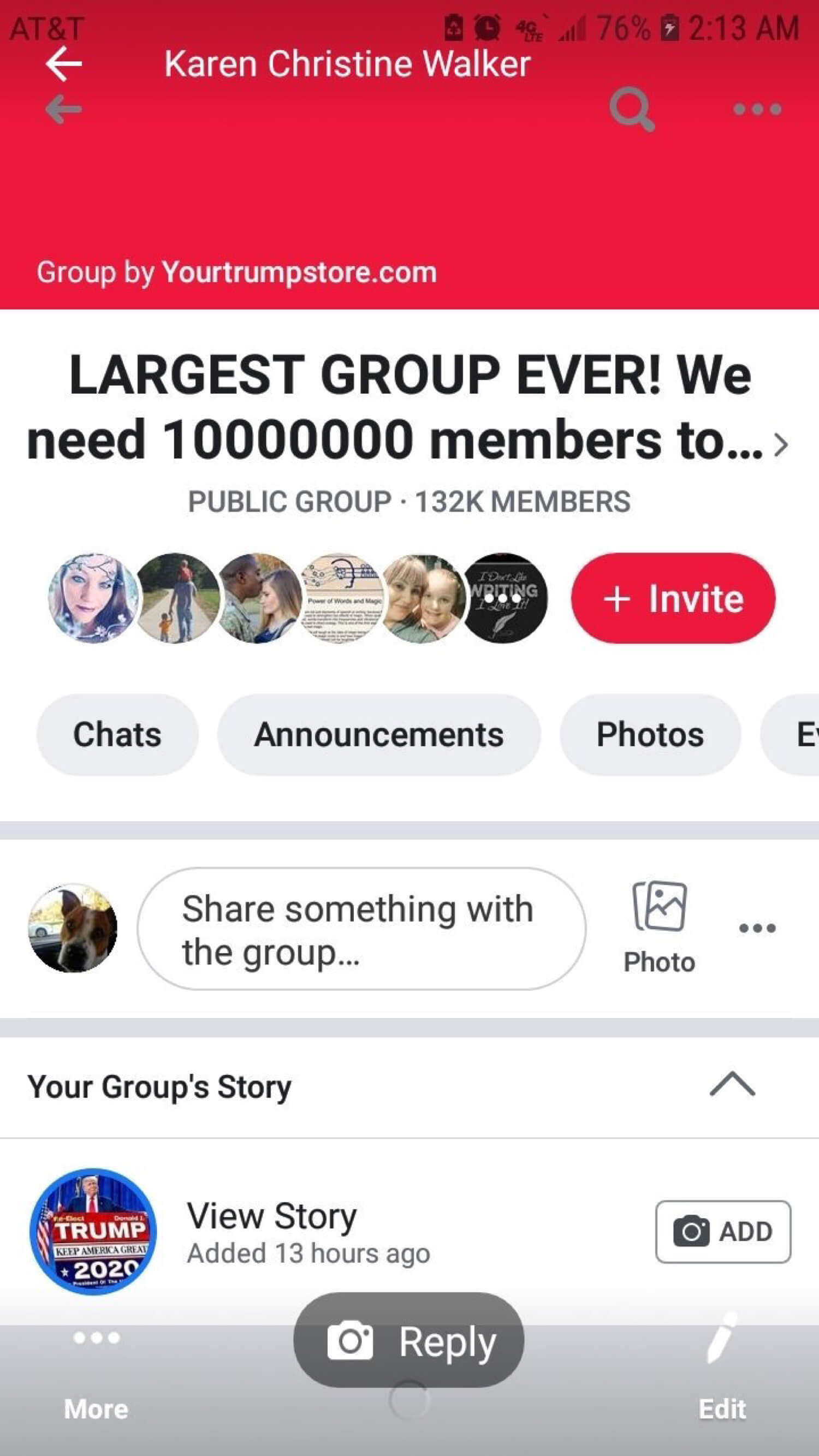 A screenshot of the Yourtrumpstore.com group with 132,000 members before it was deleted.