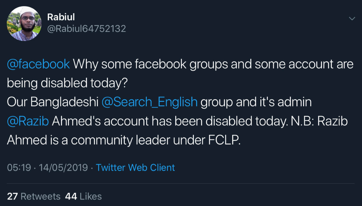 Rabiul announcing that Facebook has deleted the Search English group.