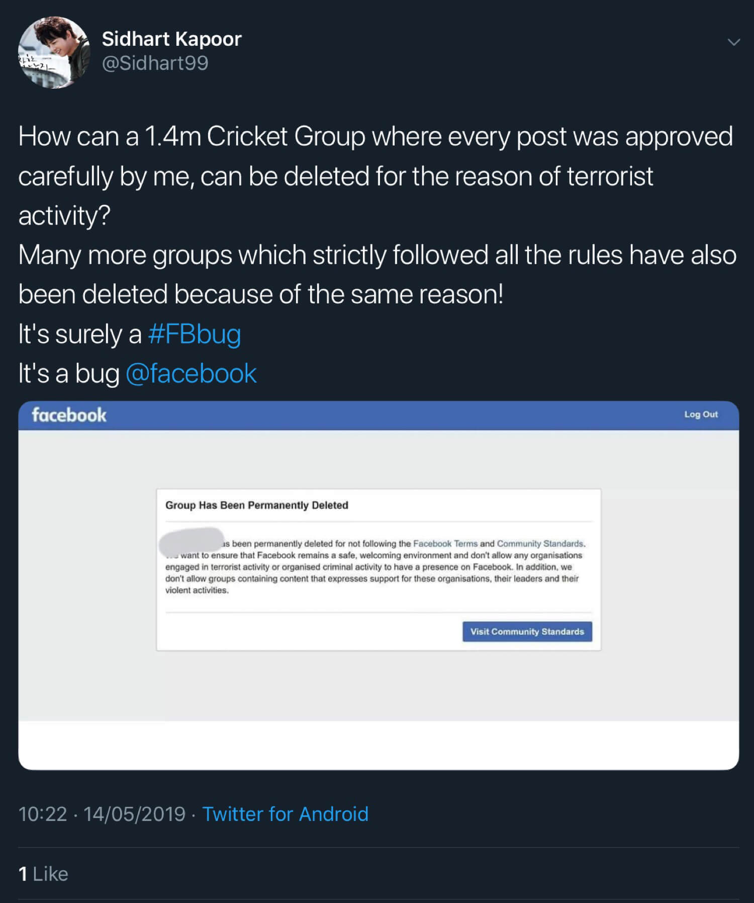 Sidhart Kapoor announcing that Facebook has deleted a cricket group with over 1.4 million members.