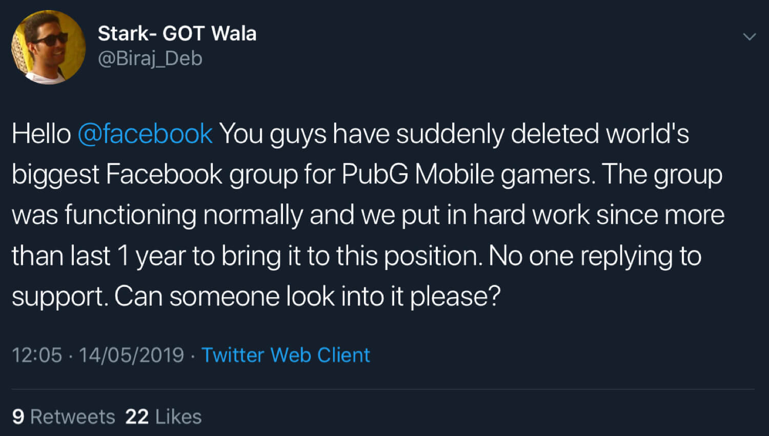 Stark-GOT Wala announcing that Facebook has deleted the world’s biggest Facebook group for PubG mobile gamers.
