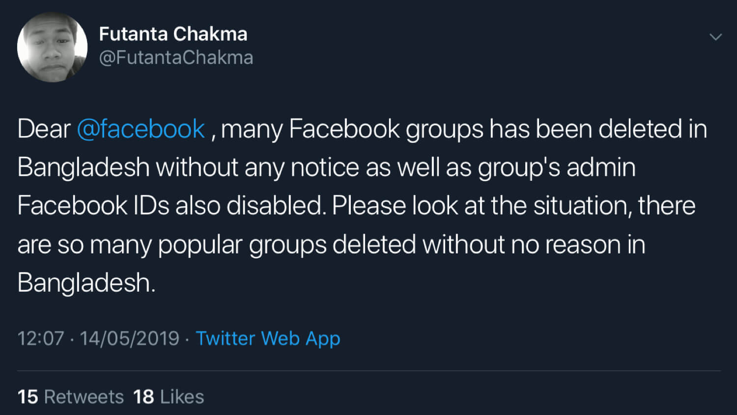 Futanta Chakma announcing that Facebook has deleted many groups in Bangladesh as well as the Facebook accounts of group admins.