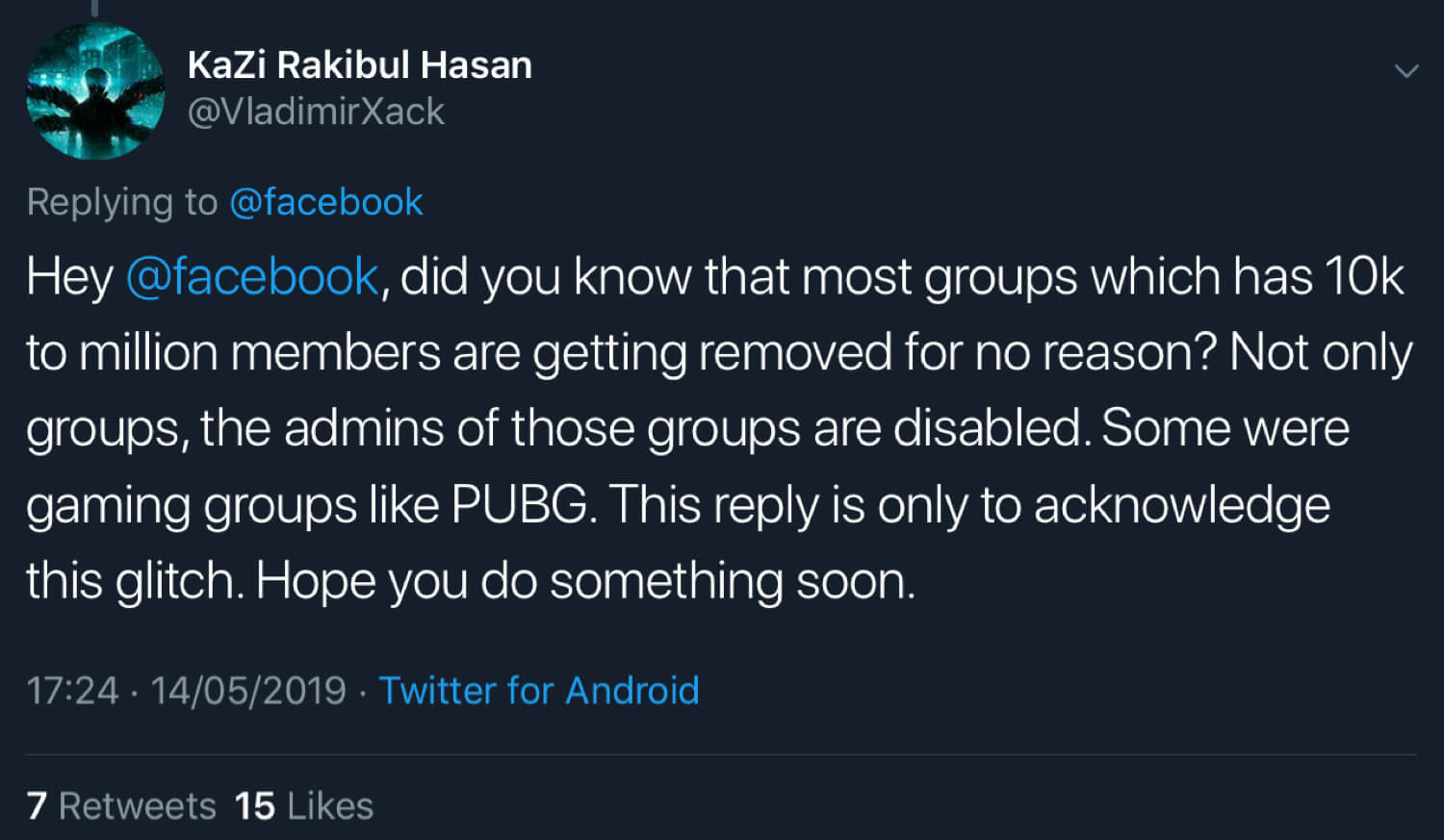 KaZi Rakibul Hasan announcing that Facebook has deleted multiple groups and disabled the Facebook accounts of group admins.