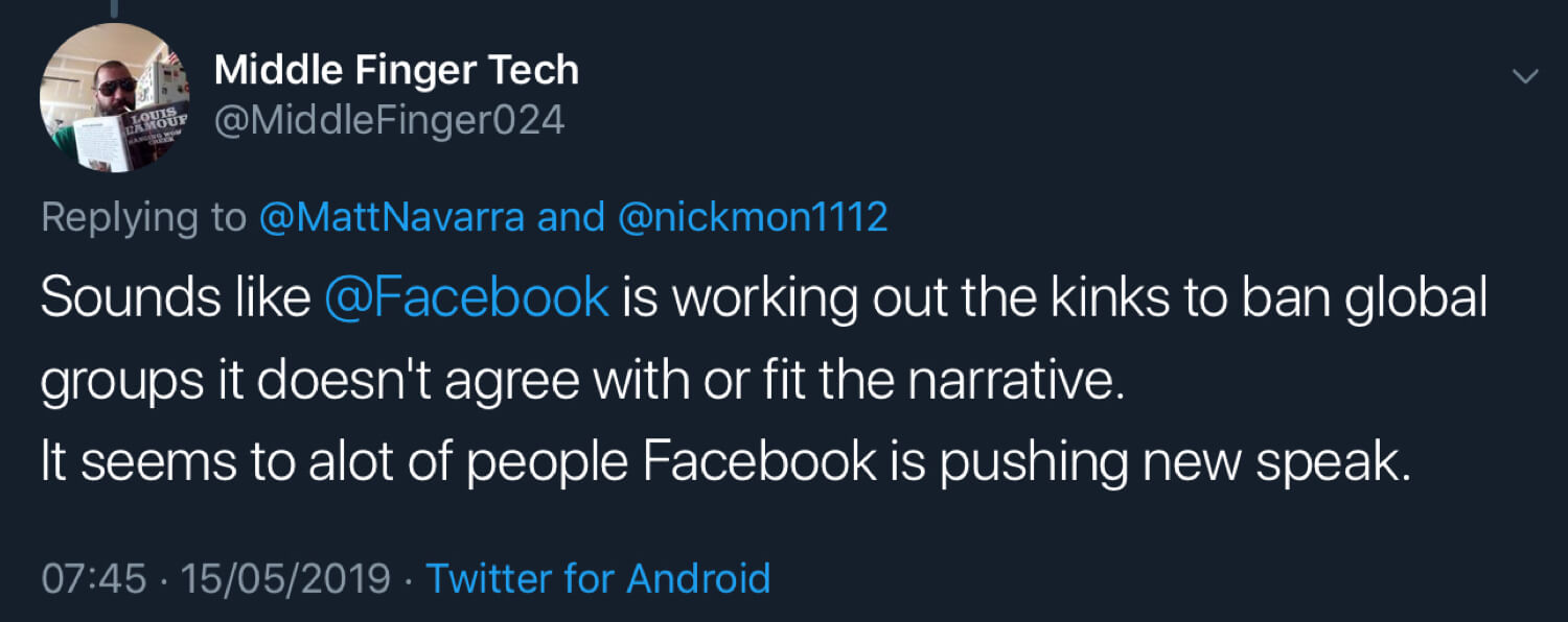 Middle Finger Tech suggesting Facebook is banning groups it doesn’t agree with.