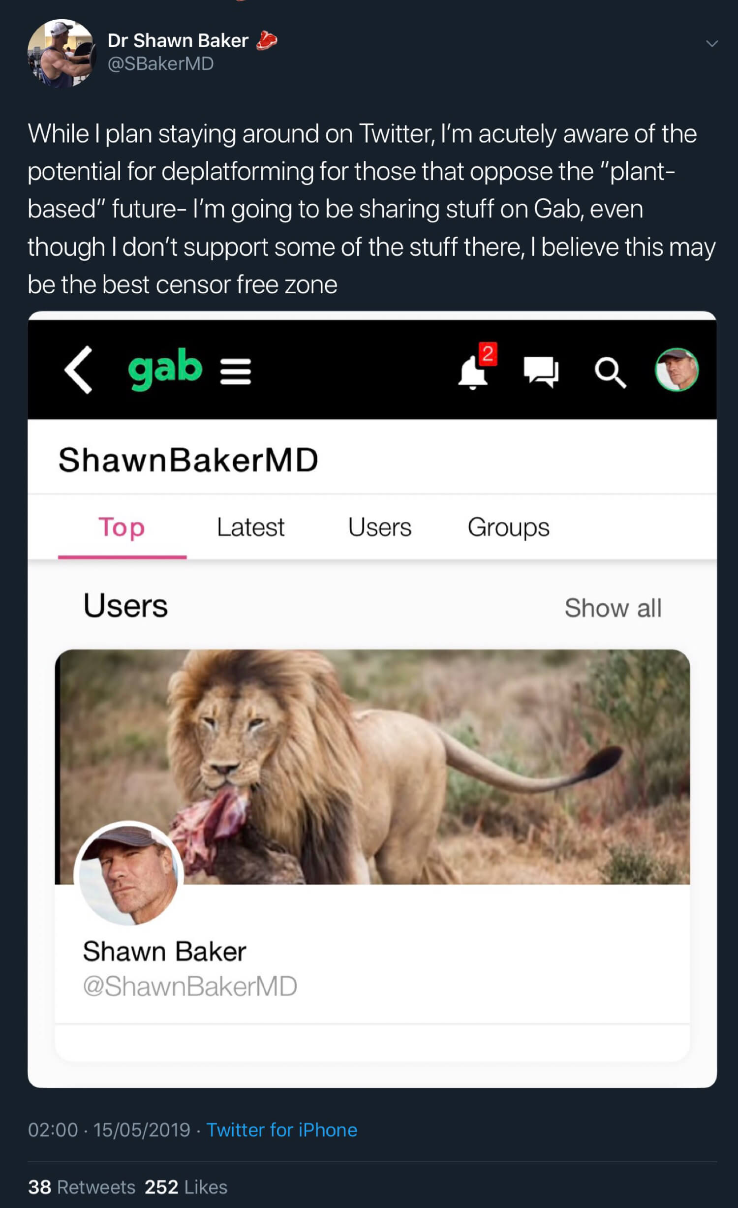 Dr. Shawn Baker announcing that he’s going to start sharing content on Gab in response to the deplatformings on Facebook.