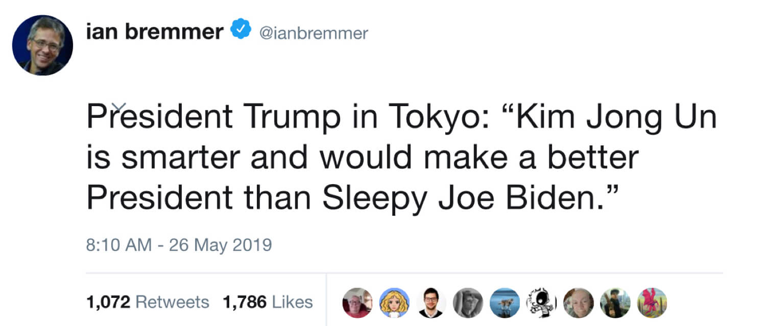 An archived tweet from Ian Bremmer containing a fabricated quote from President Trump.