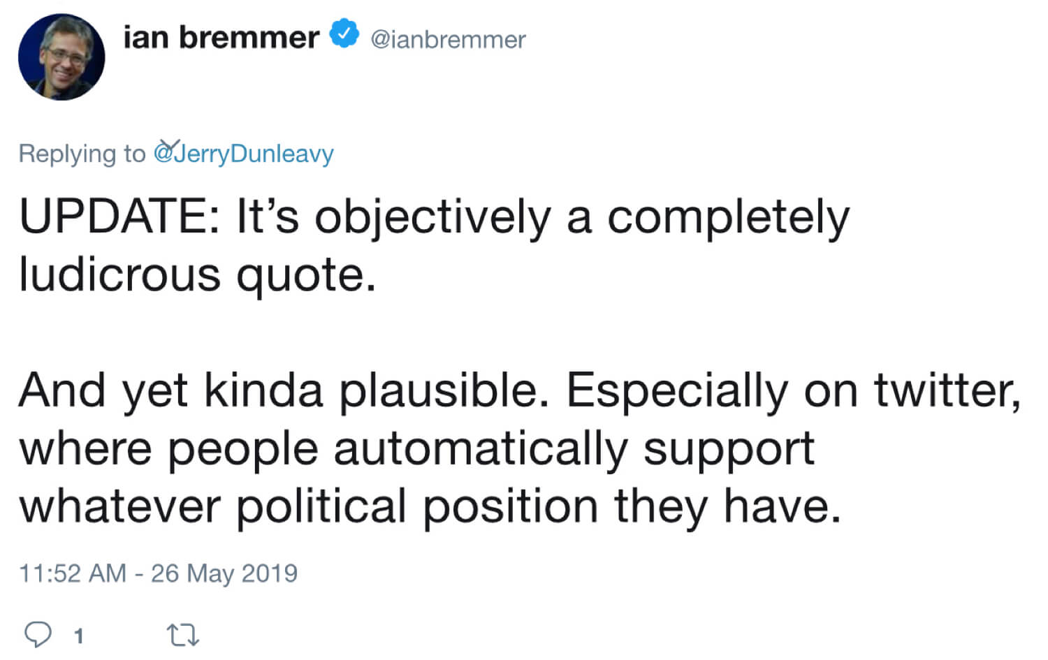 An archived tweet from Ian Bremmer admitting that the Trump quote is fabricated.