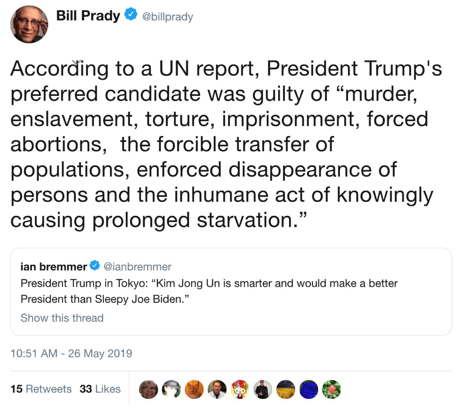 Bill Prady sharing the fake Trump quote on Twitter.