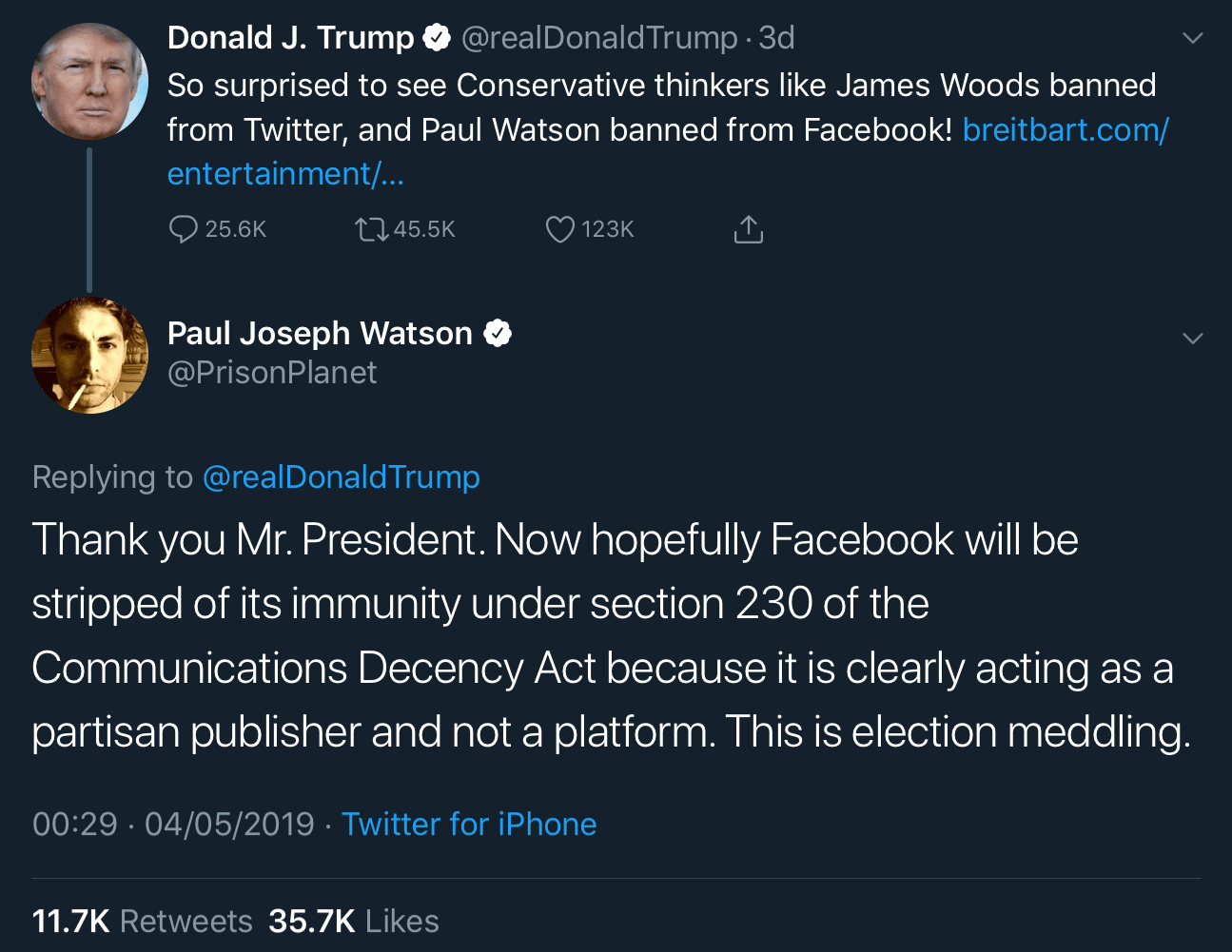 Paul Joseph Watson replying to President Trump on Twitter and accusing Facebook of election meddling.