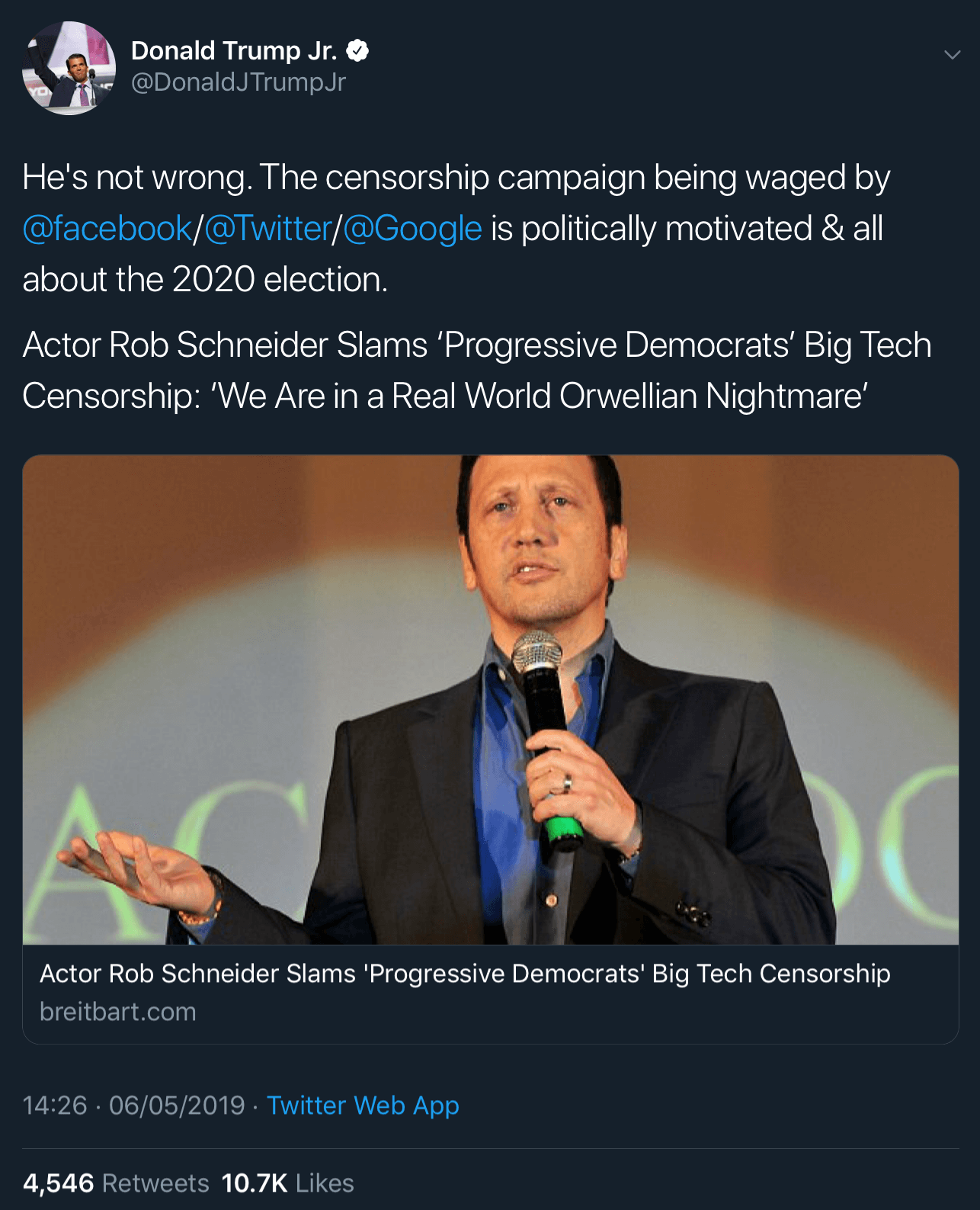 Donald Trump Jr. suggesting that the censorship by Facebook, Twitter, and Google is politically motivated and related to the 2020 US presidential elections.
