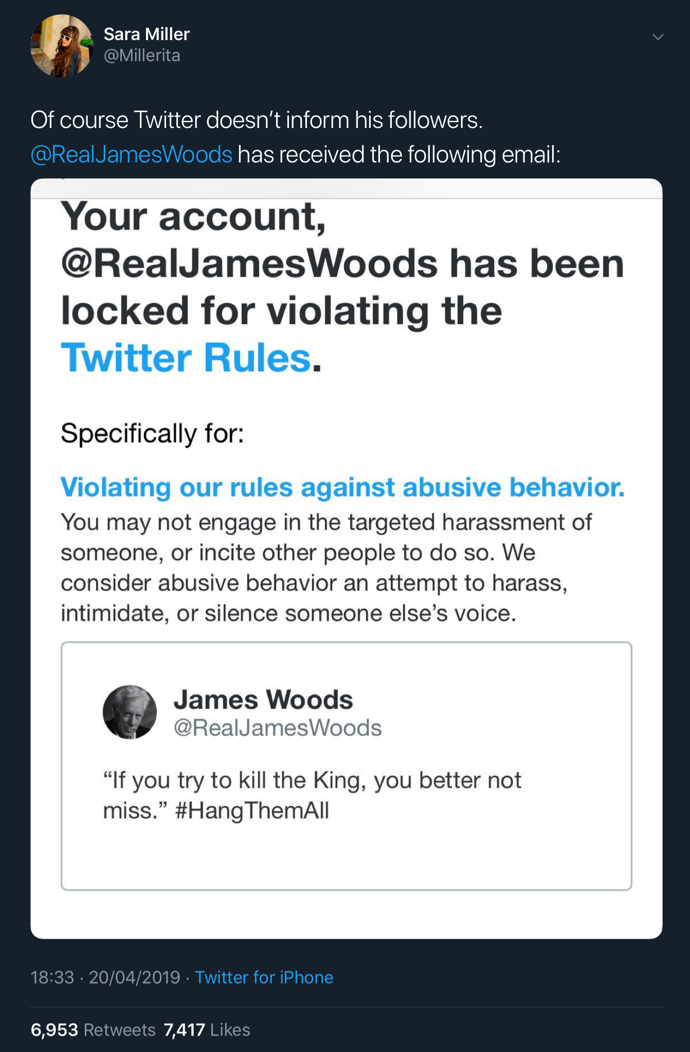 James Woods’ girlfriend Sara Miller announcing that he’s been locked out of his Twitter account.