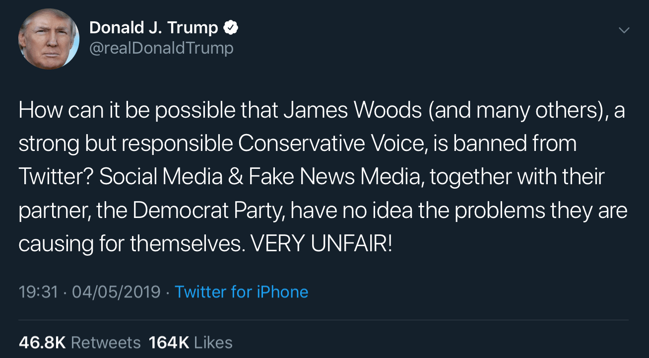 President Trump criticizing Twitter for its suspension of James Woods.