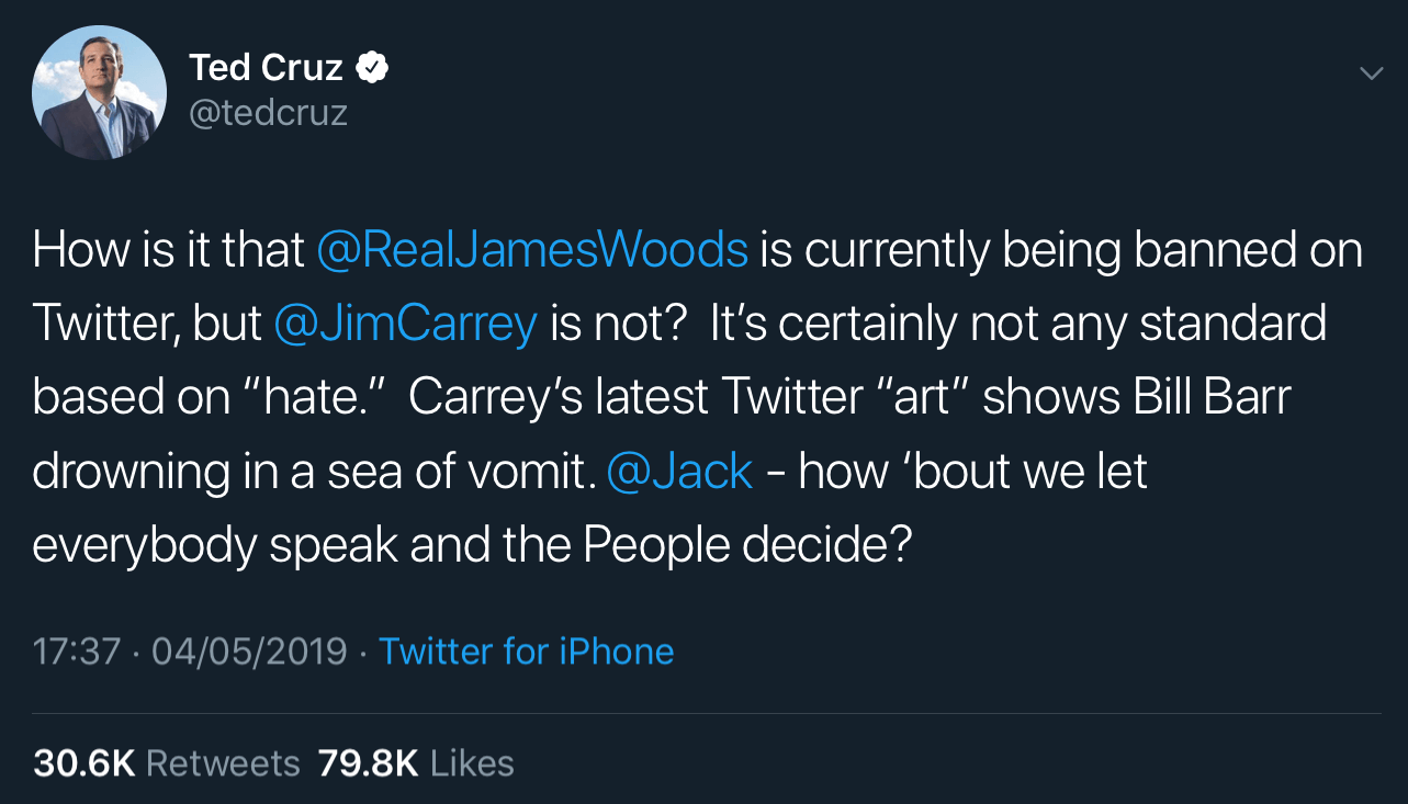 Senator Ted Cruz criticizing Twitter for its double standard when suspending James Woods.