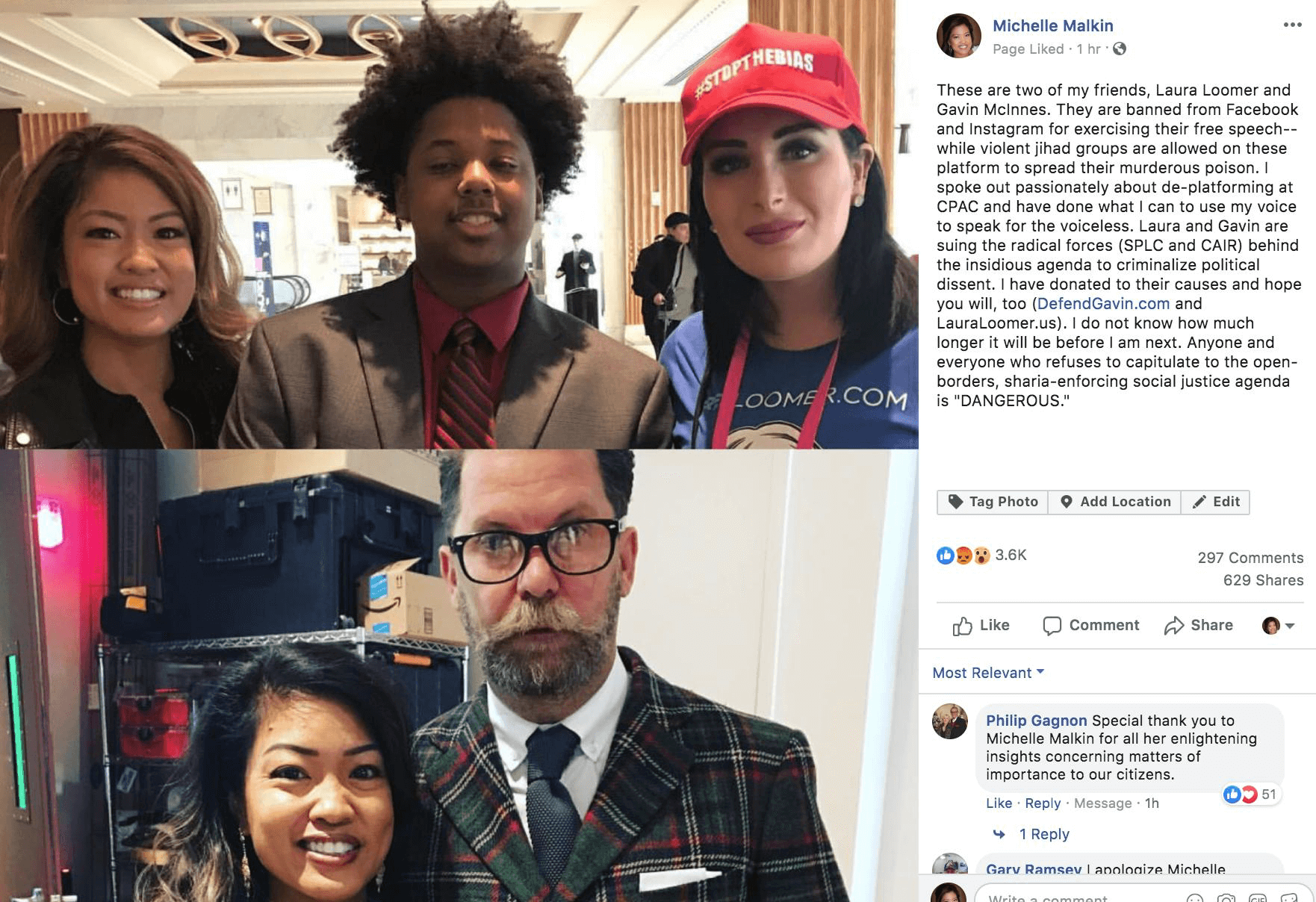 The photos of Laura Loomer and Gavin McInnes that Michelle Malkin posted to Facebook.