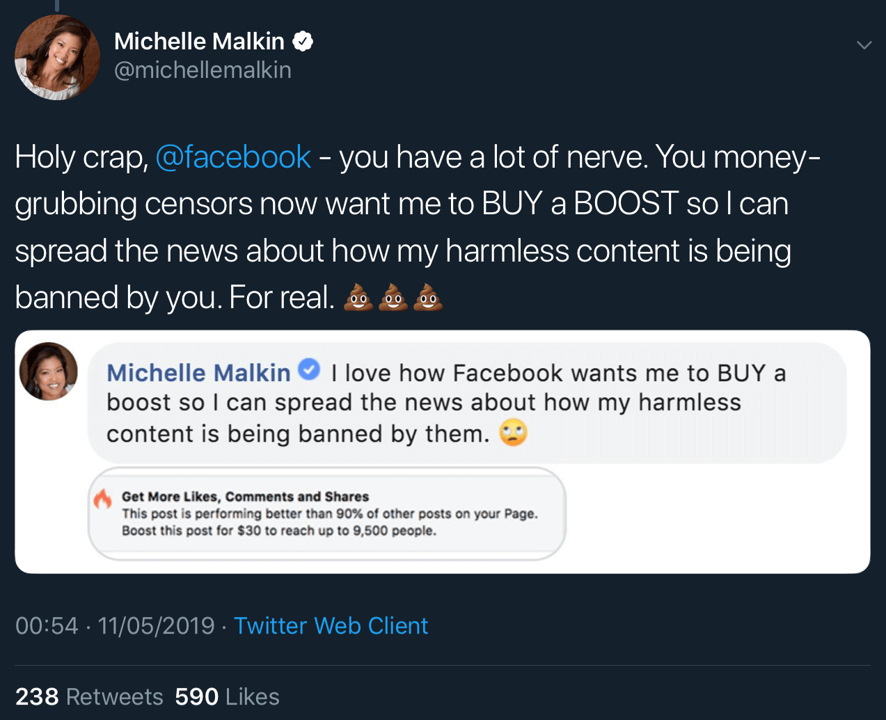 Michelle Malkin’s tweet saying she was asked to buy a boost on Facebook to spread the news about her post being removed.