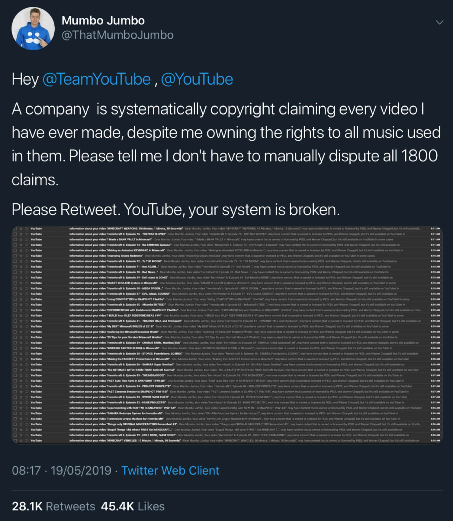 Some of the copyright claim emails YouTube sent to Mumbo Jumbo.