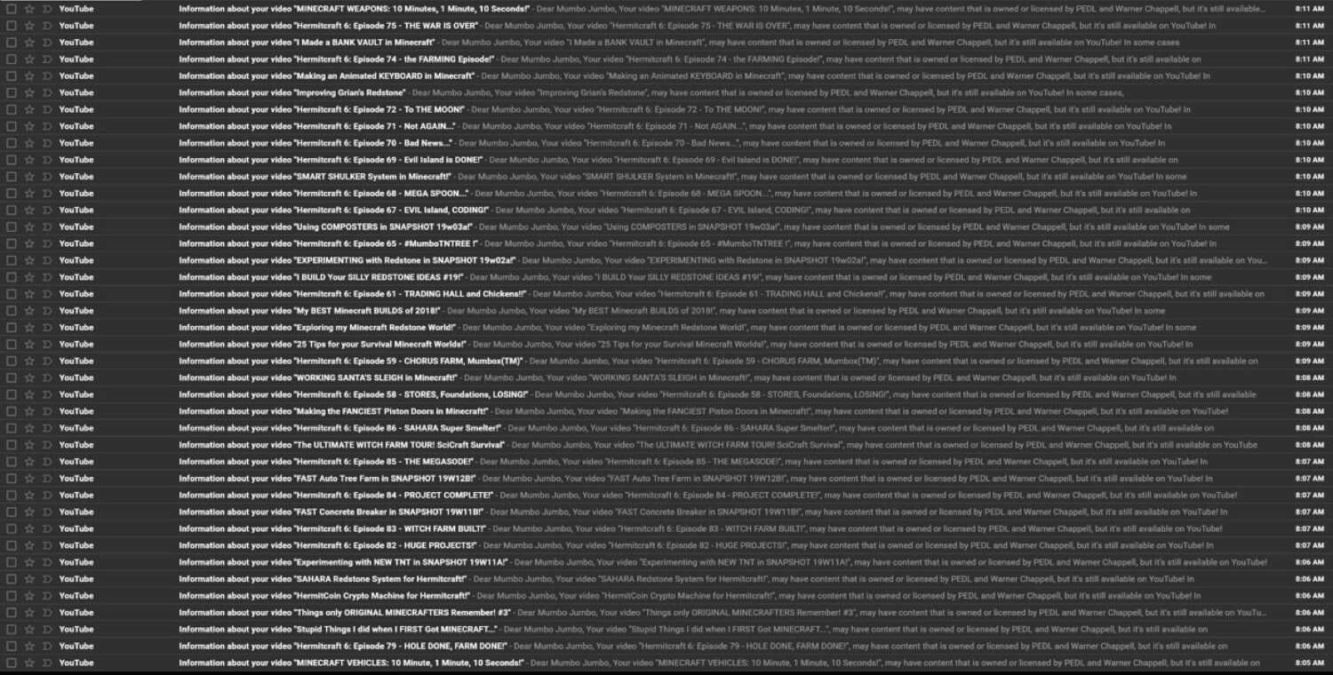 Some of the copyright claim emails YouTube sent to Mumbo Jumbo.