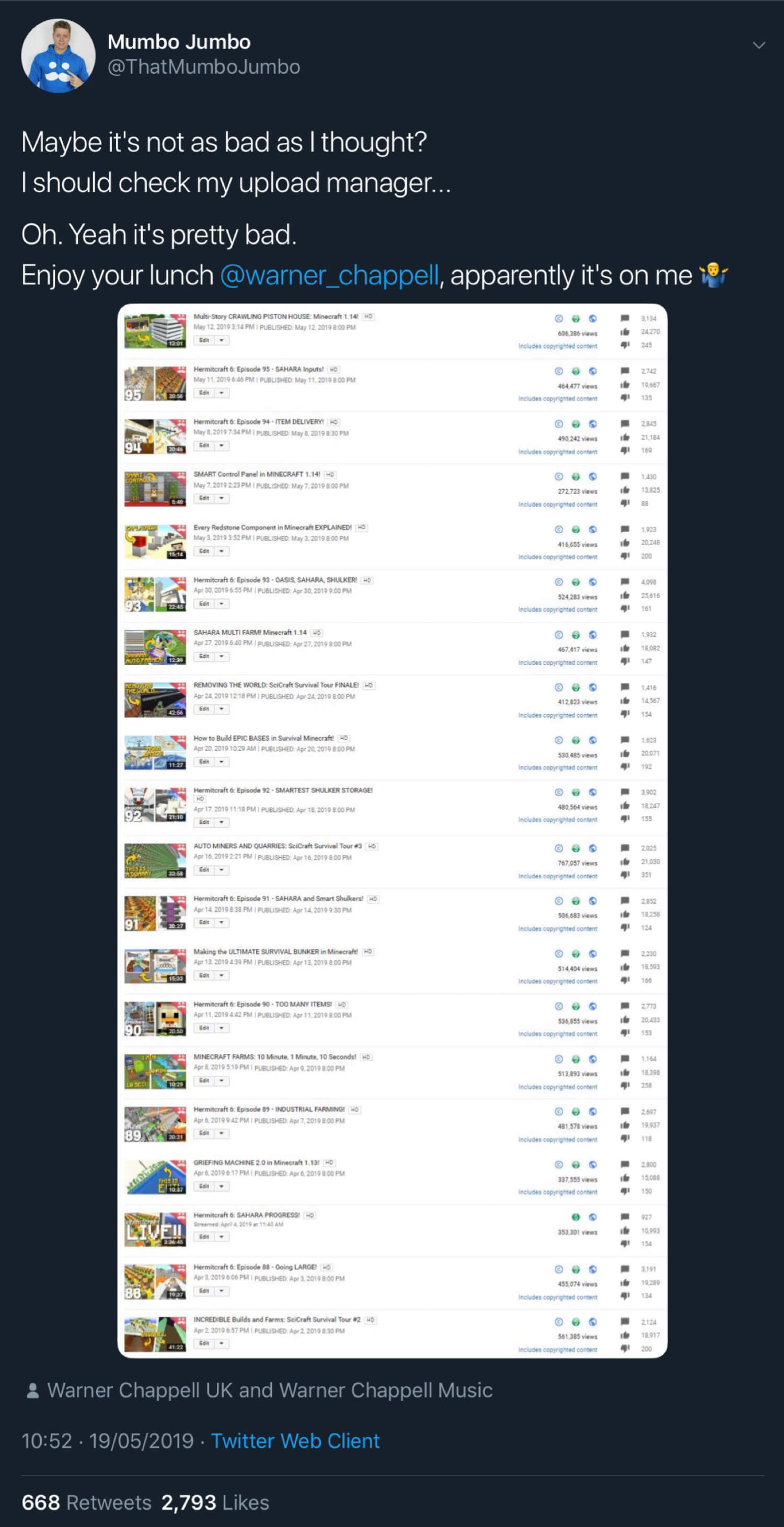 Some of the claimed videos in Mumbo Jumbo’s YouTube copyright manager.