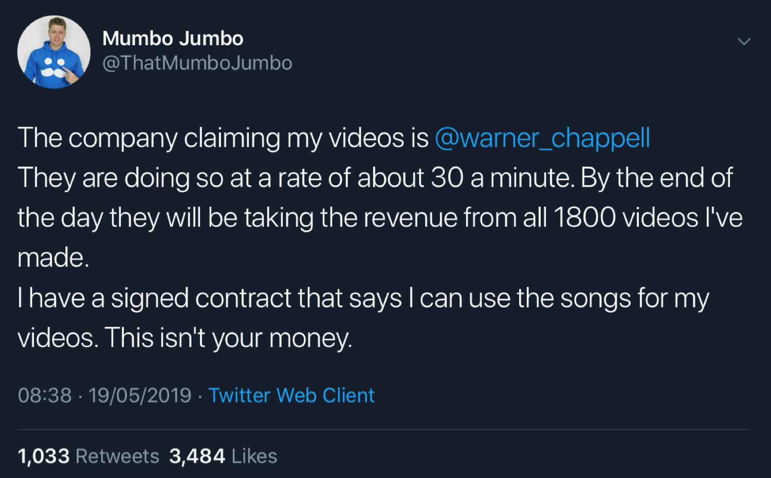 Mumbo Jumbo saying that he has a signed contract allowing him to use the songs in his videos.