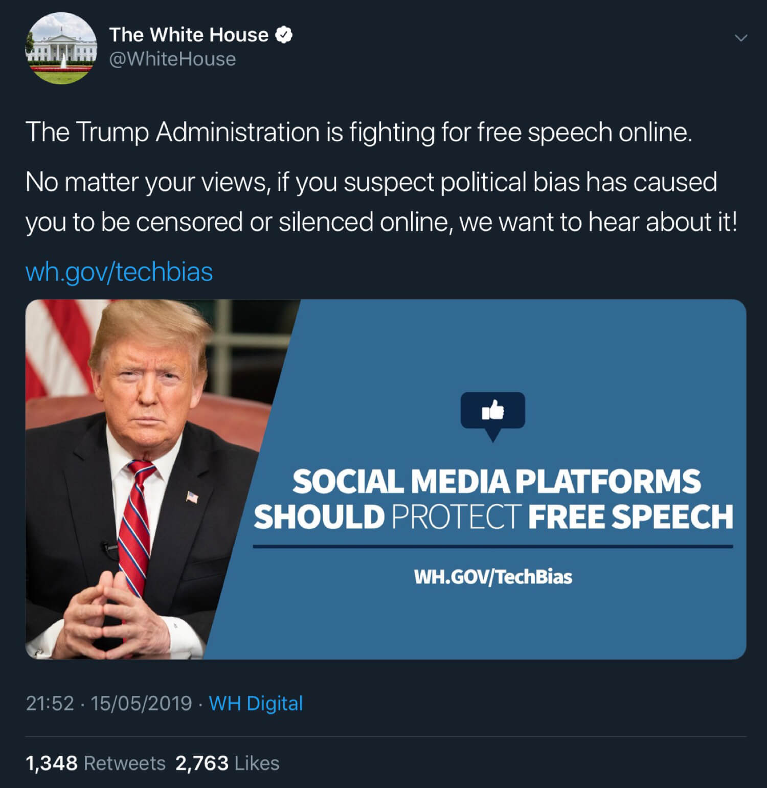The White House and President Trump announcing the social media censorship survey.