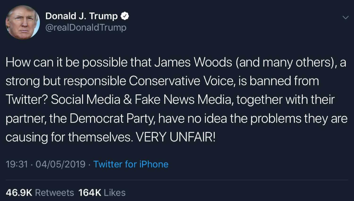 President Trump calling out the social media censorship of James Woods and others.