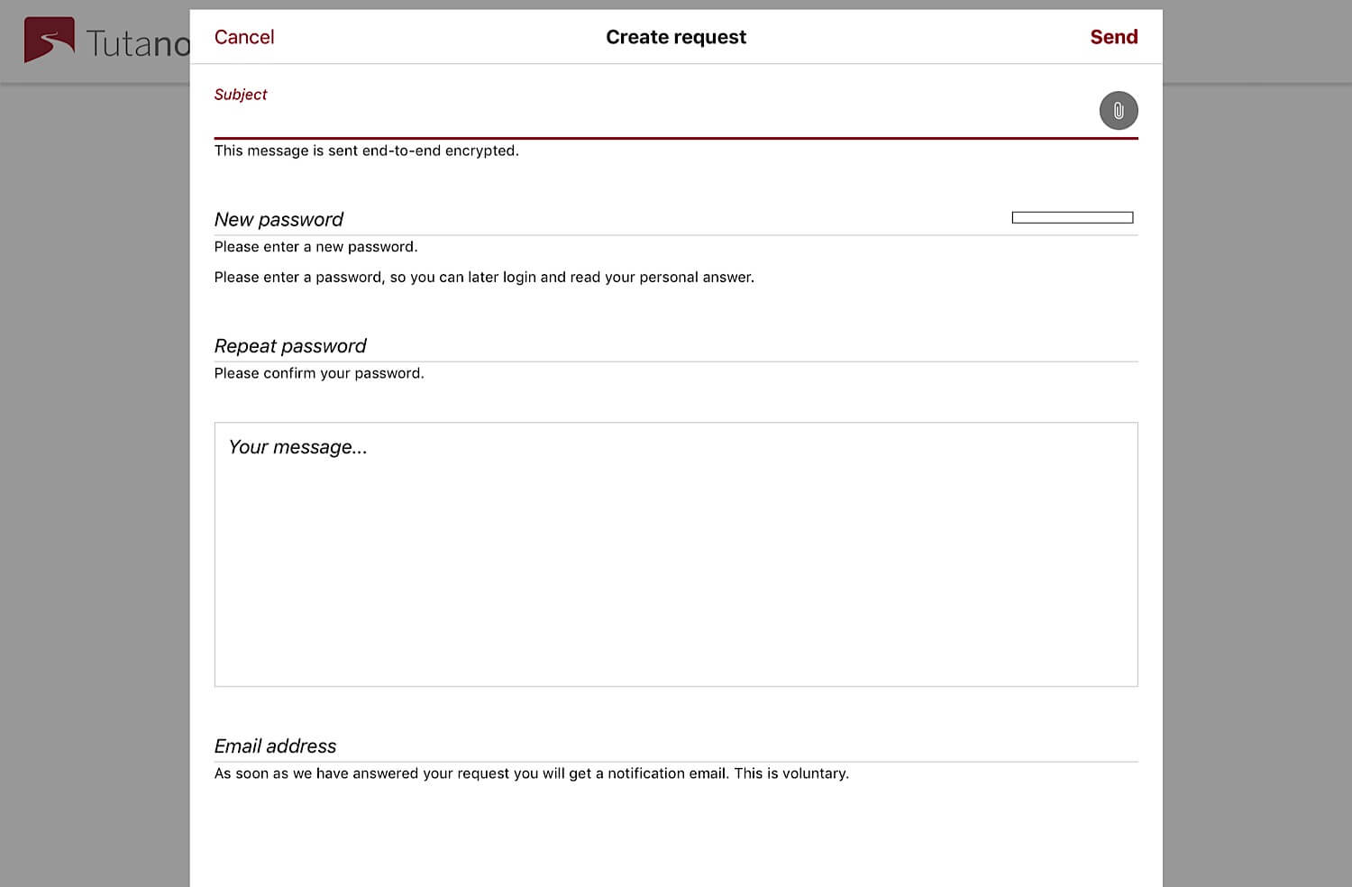 The Secure Connect “Create request” form.
