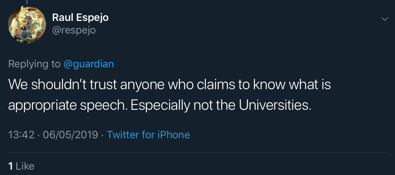 A Twitter user criticizing UK universities for policing “hate speech.”