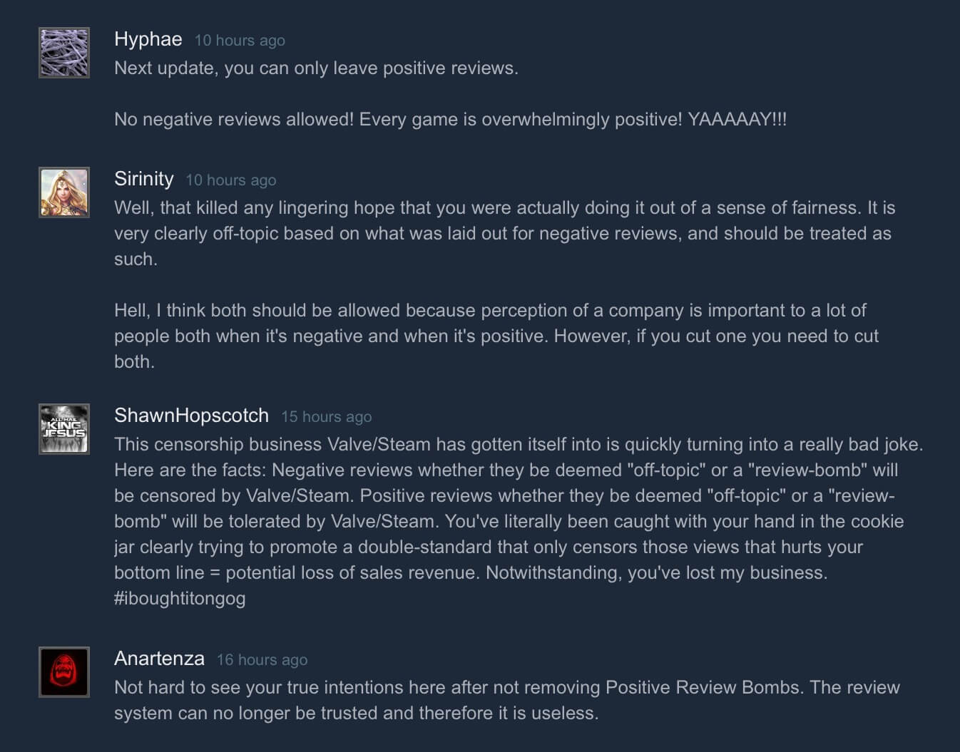 Comments on the Steam Blog criticizing Valve’s decision to remove “negative remove bombs” from the Steam Review score while allowing some “positive review bombs.”