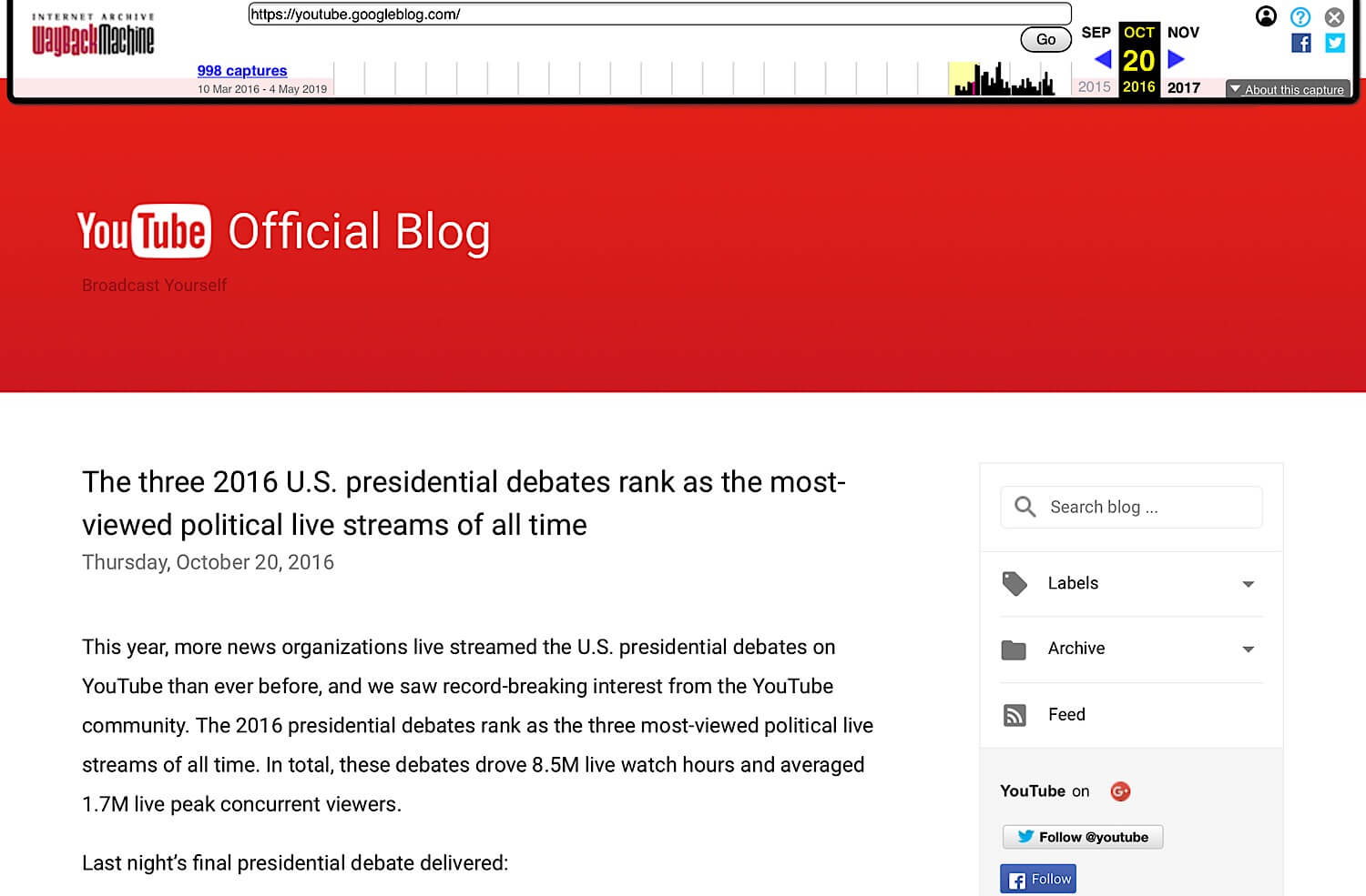 An archive of the official YouTube blog from October 20, 2016 with the tagline “Broadcast Yourself.”