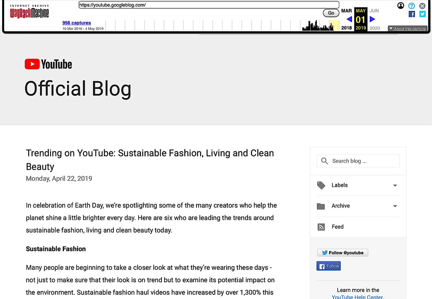 An archive of the official YouTube blog from May 1, 2019 with the tagline “Broadcast Yourself” removed.