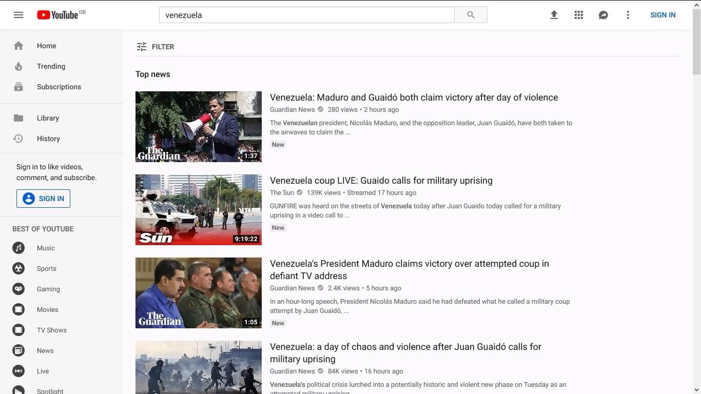 The search results for Venezuela being dominated by “authoritative news” sources.
