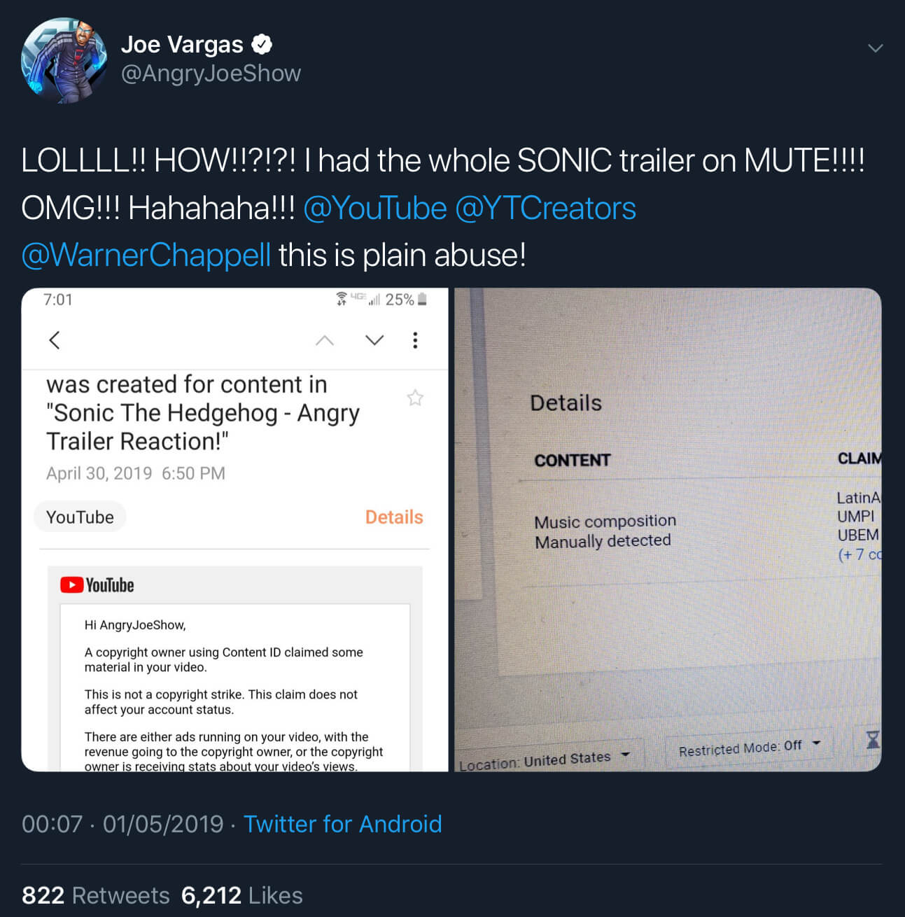 The fake copyright claim filed against Joe Vargas’s Sonic the Hedgehog trailer reaction video.