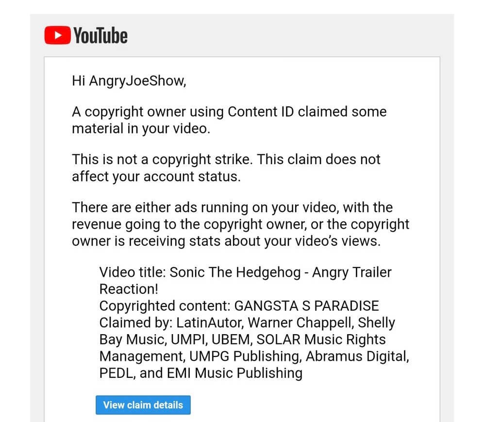 The fake copyright claim filed against Joe Vargas’s Sonic the Hedgehog trailer reaction video.