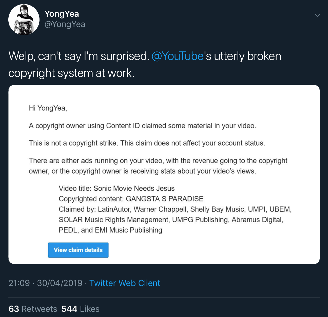 The fake copyright claim filed against Yong Yea’s Sonic the Hedgehog trailer reaction video.