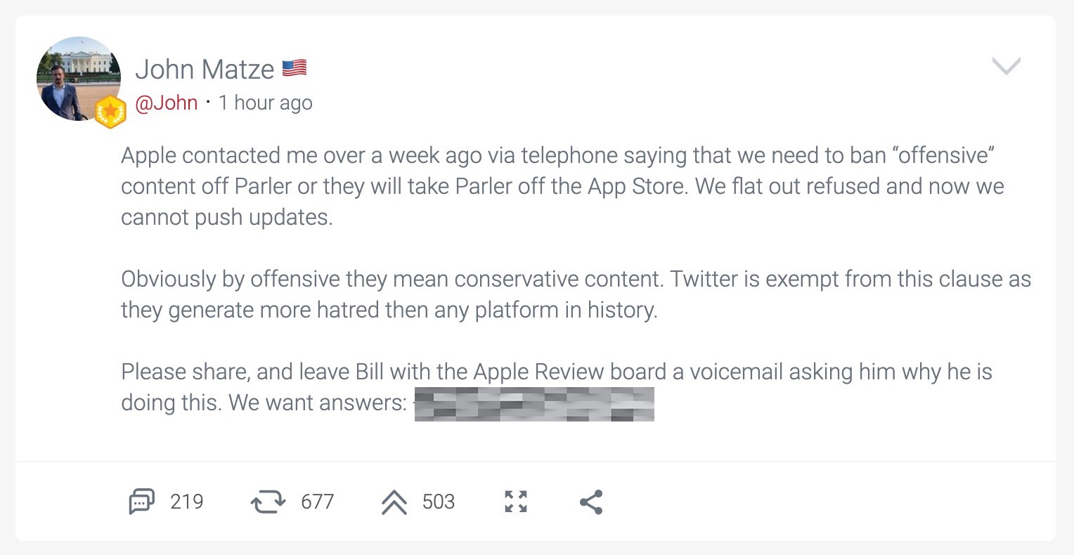 The post from John Matze claiming that Apple is preventing Parler from updating its app.