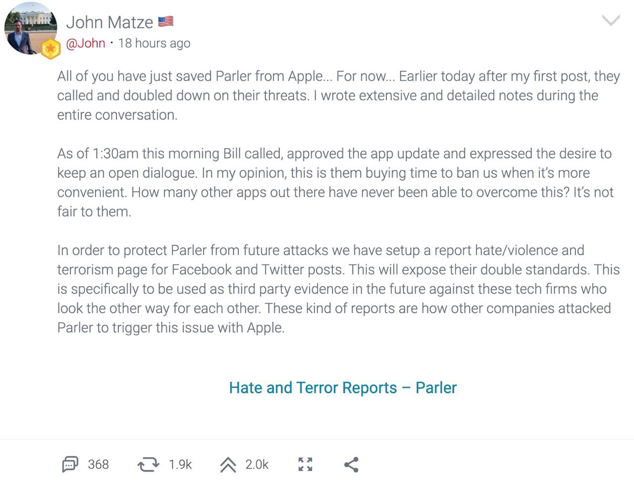 The post from John Matze claiming that Apple will ban Parler when it’s more convenient.