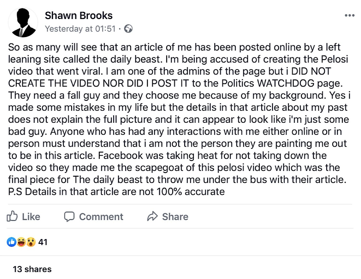 Shawn Brooks’ Facebook statement on The Daily Beast article.