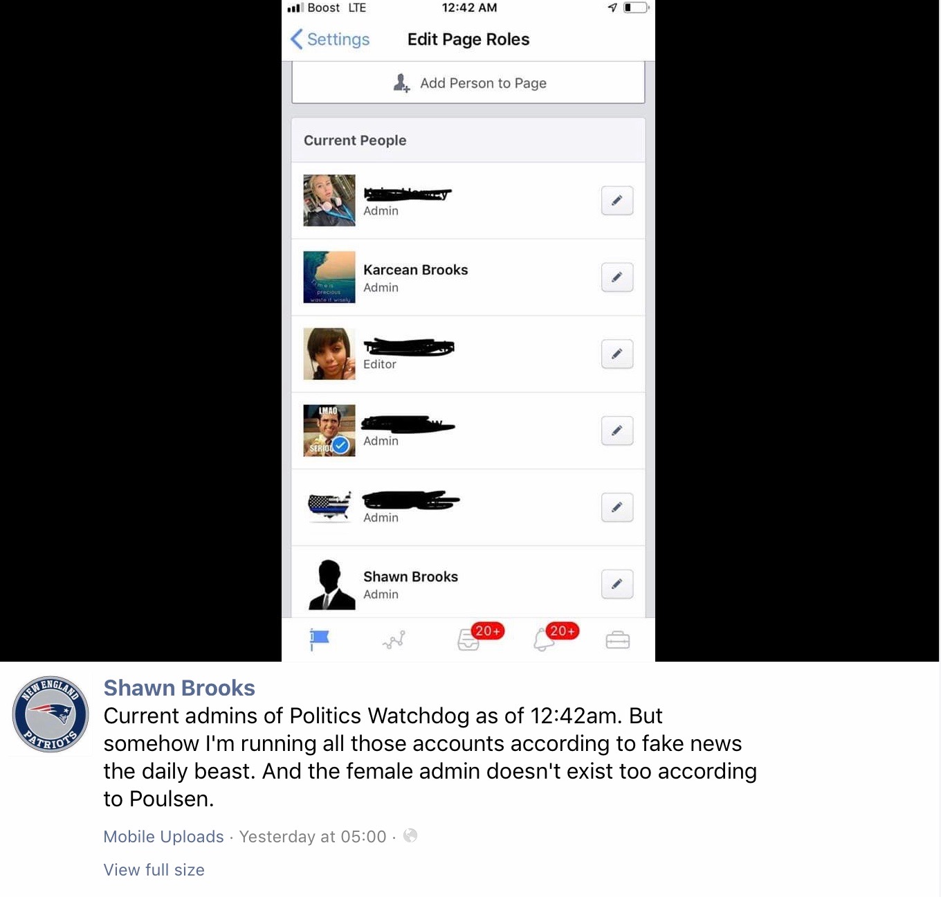 A screenshot from Shawn Brooks of what he claims to be the current admins of the Politics Watchdog page.